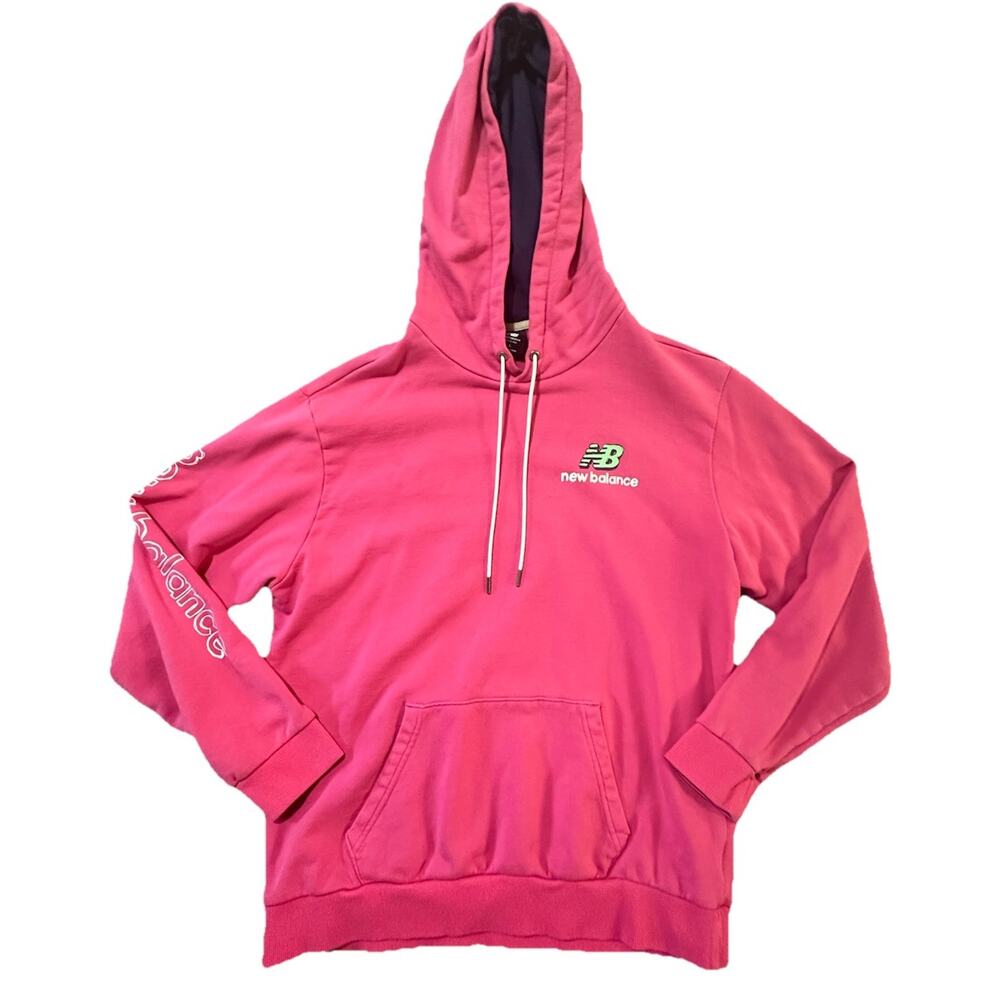 New Balance Pink Pullover Hoodie Size L Logo Sleeve & Chest Cotton Fleece